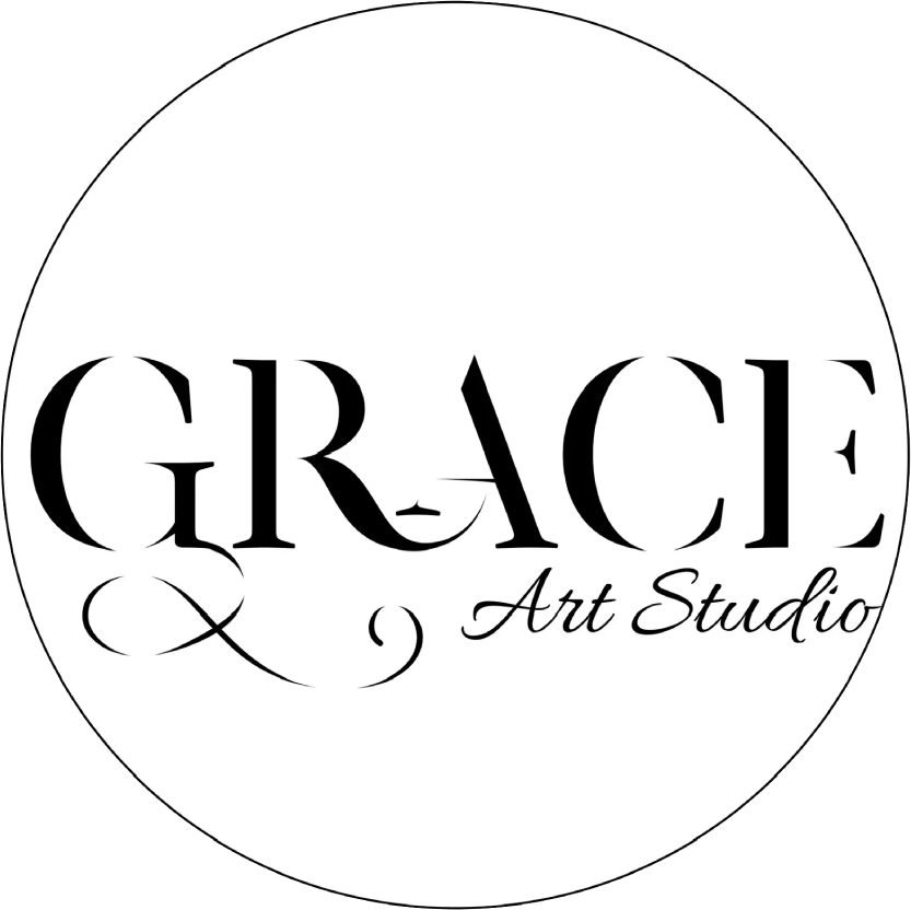 A black and white image of the grace art studio logo.